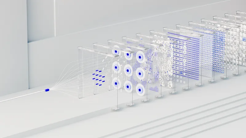 Layers of glass panels with blue signal points, an illustration of how AI processes information